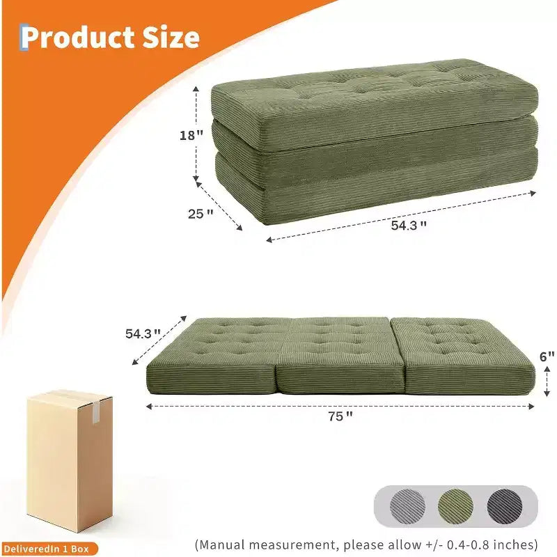 SunnyFurn Materasso a Tre Pieghe da 6 Pollici per Divano Letto, 75X54.3 Letto Pieghevole in Schiuma per Ospiti con Tessuto a Coste Trapuntato, Portatile per Campeggio, Soggiorno, Camera da Letto
