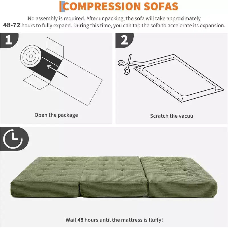 SunnyFurn Materasso a Tre Pieghe da 6 Pollici per Divano Letto, 75X54.3 Letto Pieghevole in Schiuma per Ospiti con Tessuto a Coste Trapuntato, Portatile per Campeggio, Soggiorno, Camera da Letto