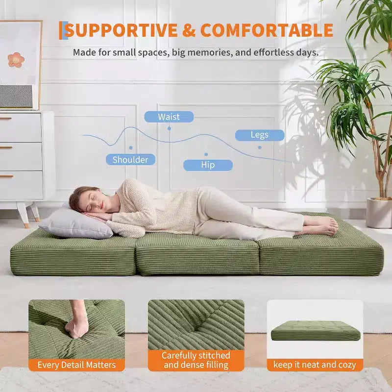 SunnyFurn Materasso a Tre Pieghe da 6 Pollici per Divano Letto, 75X54.3 Letto Pieghevole in Schiuma per Ospiti con Tessuto a Coste Trapuntato, Portatile per Campeggio, Soggiorno, Camera da Letto