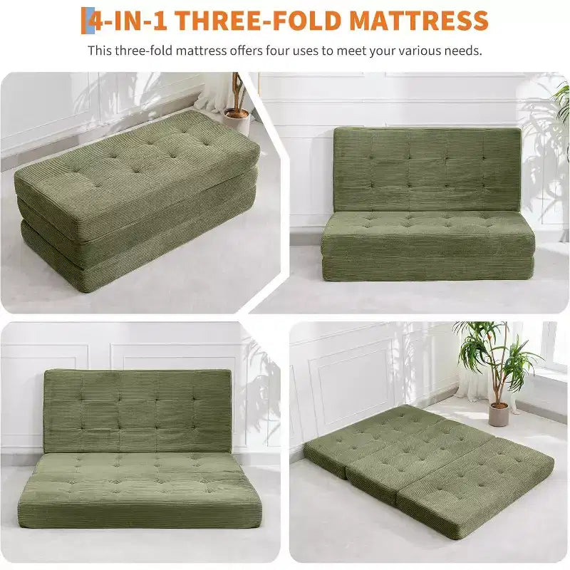 SunnyFurn Matelas pliant triple 6 pouces pour canapé-lit, 75X54.3 Lit d'appoint pliable en mousse avec velours côtelé capitonné, portable pour le camping, le salon, la chambre à coucher