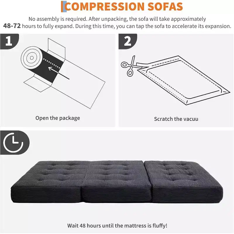 SunnyFurn Matelas pliant triple 6 pouces pour canapé-lit, 75X54.3 Lit d'appoint pliable en mousse avec velours côtelé capitonné, portable pour le camping, le salon, la chambre à coucher