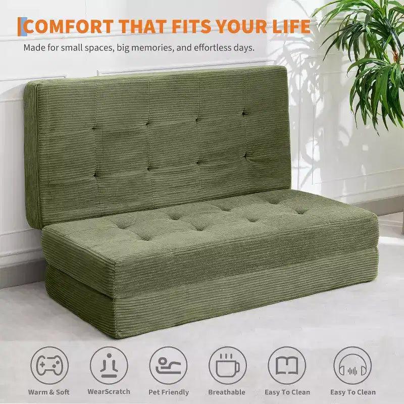 SunnyFurn Materasso a Tre Pieghe da 6 Pollici per Divano Letto, 75X54.3 Letto Pieghevole in Schiuma per Ospiti con Tessuto a Coste Trapuntato, Portatile per Campeggio, Soggiorno, Camera da Letto