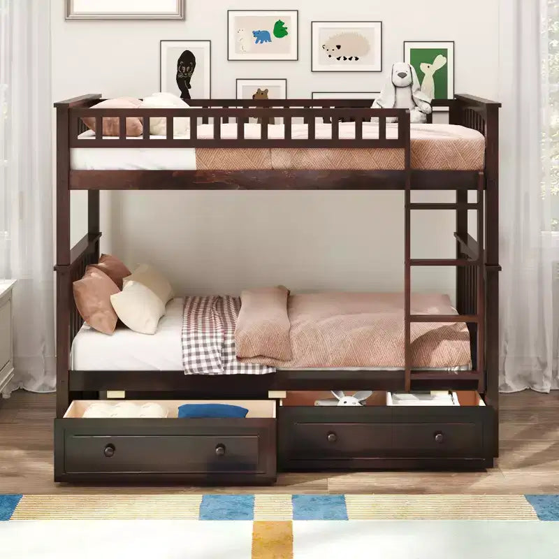 FAMYYT Twin Size Wood Bed?With Drawers, Fence-shaped Guardrail, ladder, Easy Assembly