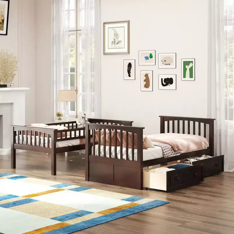 FAMYYT Letto singolo in legno con cassetti, sponde a forma di recinzione, scaletta, facile montaggio