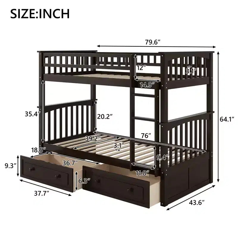 FAMYYT Letto singolo in legno con cassetti, sponde a forma di recinzione, scaletta, facile montaggio
