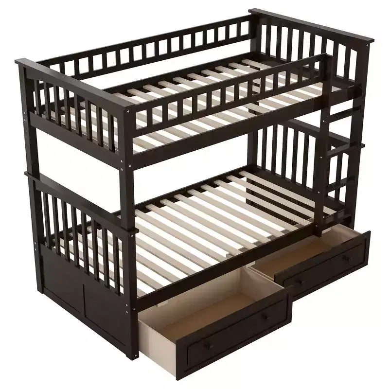 FAMYYT Letto singolo in legno con cassetti, sponde a forma di recinzione, scaletta, facile montaggio