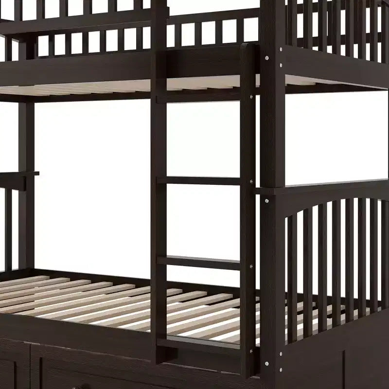 FAMYYT Letto singolo in legno con cassetti, sponde a forma di recinzione, scaletta, facile montaggio