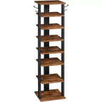 ALUCSET 8 Tiers Vertical Shoe Rack, Wooden Shoe Storage Organizer with Hooks, Narrow Shoe Tower for 8 Pairs, Space Saving, for Entryway, Living Room