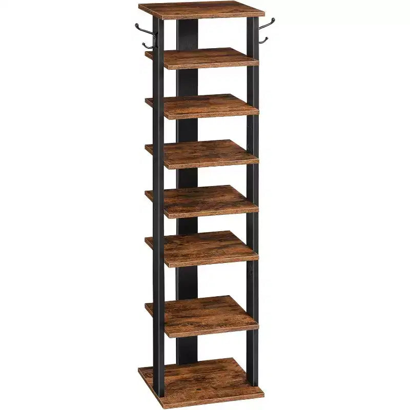 ALUCSET 8 Tiers Vertical Shoe Rack, Wooden Shoe Storage Organizer with Hooks, Narrow Shoe Tower for 8 Pairs, Space Saving, for Entryway, Living Room