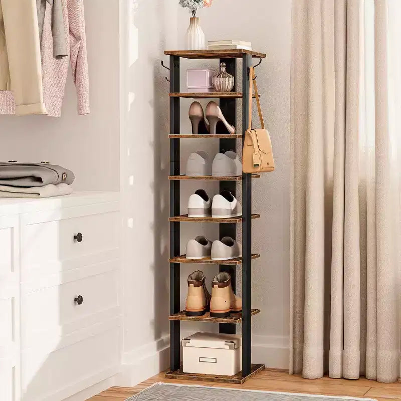 ALUCSET Scarpiera Verticale a 8 Ripiani, Organizzatore Porta Scarpe in Legno con Ganci, Colonna Porta Scarpe Stretta per 8 Paia, Salvaspazio, per Ingresso, Soggiorno