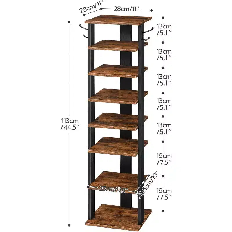 ALUCSET Scarpiera Verticale a 8 Ripiani, Organizzatore Porta Scarpe in Legno con Ganci, Colonna Porta Scarpe Stretta per 8 Paia, Salvaspazio, per Ingresso, Soggiorno