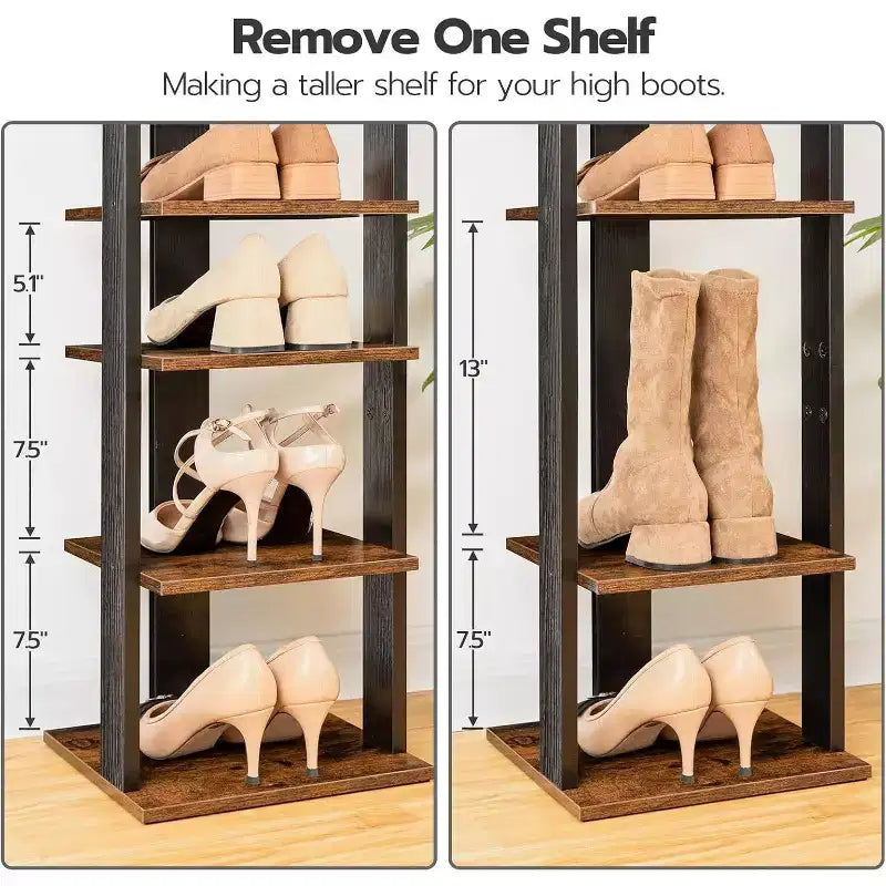 ALUCSET Scarpiera Verticale a 8 Ripiani, Organizzatore Porta Scarpe in Legno con Ganci, Colonna Porta Scarpe Stretta per 8 Paia, Salvaspazio, per Ingresso, Soggiorno