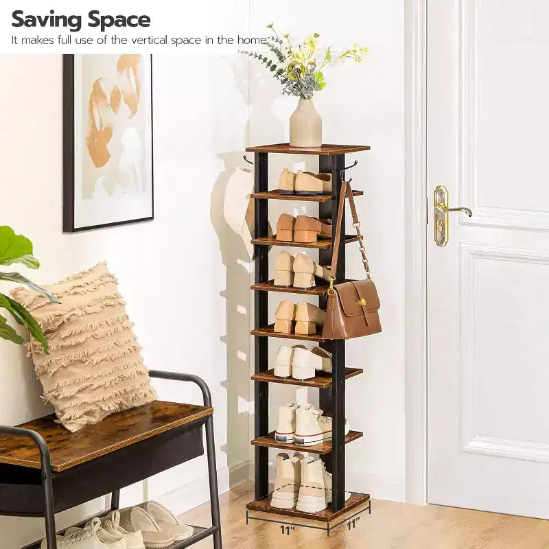 ALUCSET Scarpiera Verticale a 8 Ripiani, Organizzatore Porta Scarpe in Legno con Ganci, Colonna Porta Scarpe Stretta per 8 Paia, Salvaspazio, per Ingresso, Soggiorno