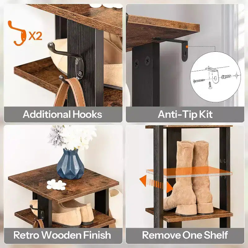 ALUCSET Scarpiera Verticale a 8 Ripiani, Organizzatore Porta Scarpe in Legno con Ganci, Colonna Porta Scarpe Stretta per 8 Paia, Salvaspazio, per Ingresso, Soggiorno