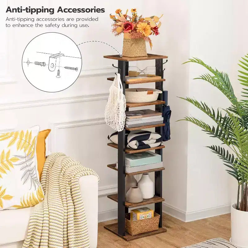 ALUCSET Scarpiera Verticale a 8 Ripiani, Organizzatore Porta Scarpe in Legno con Ganci, Colonna Porta Scarpe Stretta per 8 Paia, Salvaspazio, per Ingresso, Soggiorno