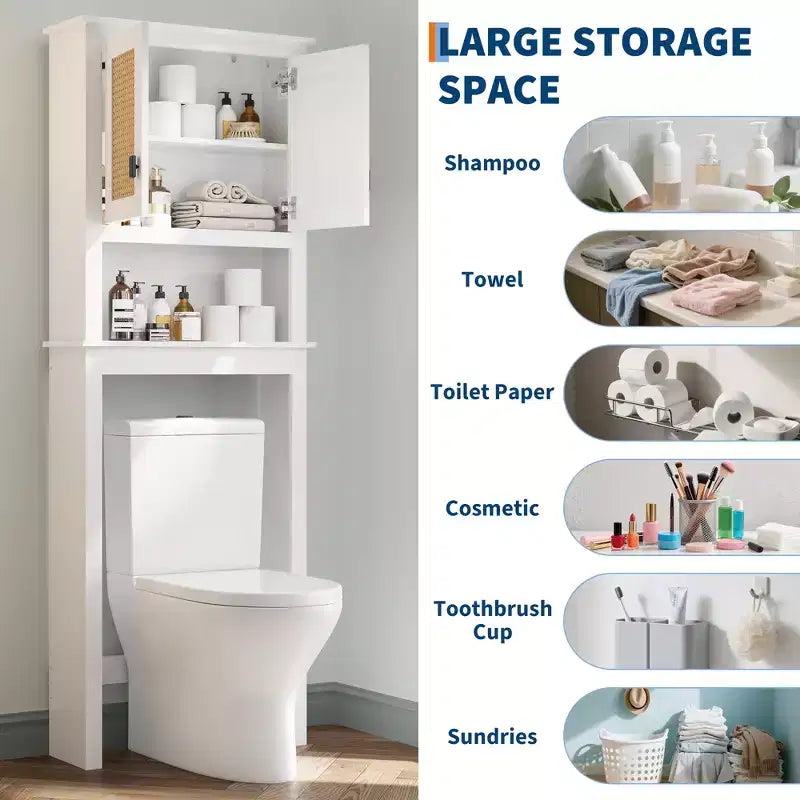 Mobiletto in Rattan Salvaspazio sopra il WC, Organizzatore Autoportante da Bagno in Legno con Ripiani Regolabili, Scaffale Alto da Posizionare Dietro al WC
