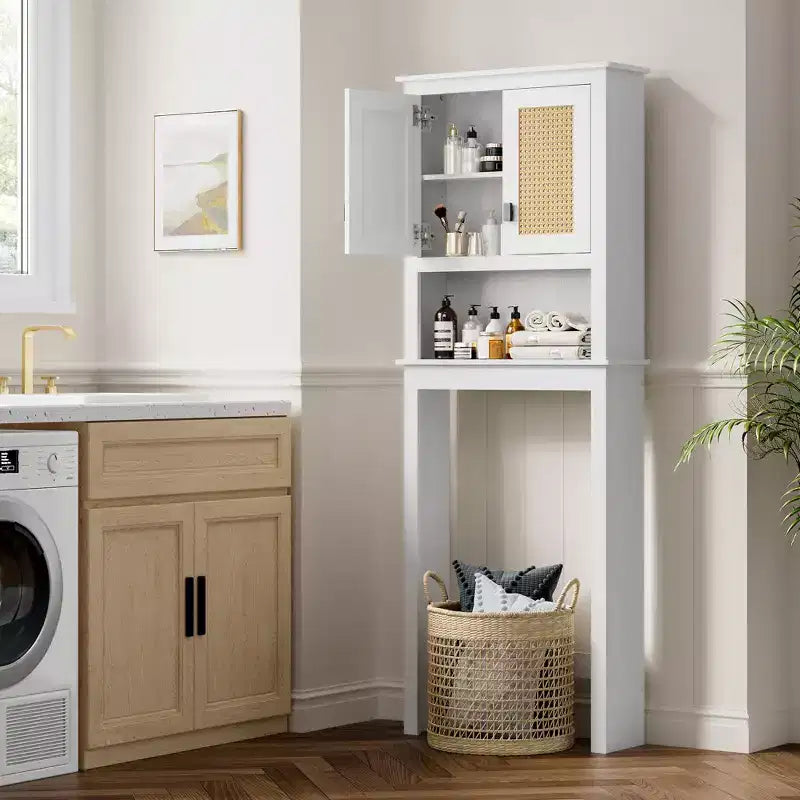 Mobiletto in Rattan Salvaspazio sopra il WC, Organizzatore Autoportante da Bagno in Legno con Ripiani Regolabili, Scaffale Alto da Posizionare Dietro al WC