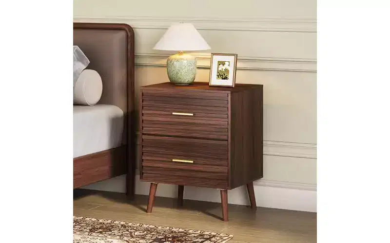 DEXYLLO Mid Century Modern Nightstand, Fluted Wood Bedside Table with Two Drawers, Night Stand for Bedroom, Brown