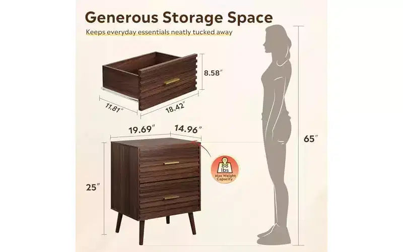 DEXYLLO Comodino Moderno Mid-Century, Tavolino da Notte in Legno Scanalato con Due Cassetti, Comodino per Camera da Letto, Marrone