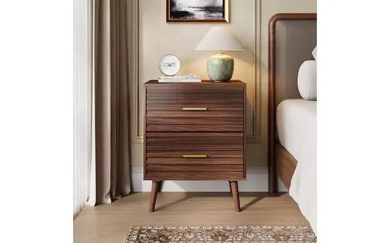 DEXYLLO Comodino Moderno Mid-Century, Tavolino da Notte in Legno Scanalato con Due Cassetti, Comodino per Camera da Letto, Marrone