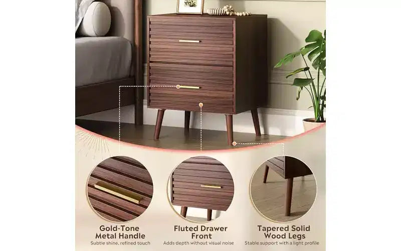DEXYLLO Comodino Moderno Mid-Century, Tavolino da Notte in Legno Scanalato con Due Cassetti, Comodino per Camera da Letto, Marrone