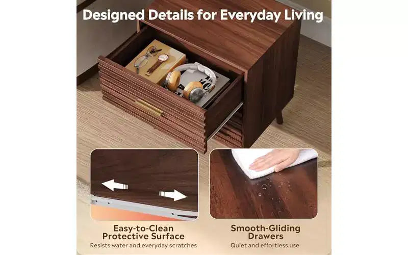 DEXYLLO Comodino Moderno Mid-Century, Tavolino da Notte in Legno Scanalato con Due Cassetti, Comodino per Camera da Letto, Marrone