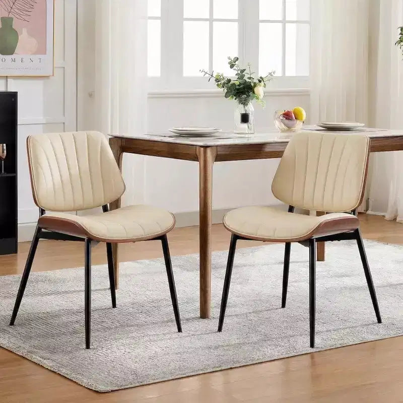 Set of 2 Shell Back Mid-Century Modern Dining Chairs - PU Leather Upholstered Accent Chairs with Tapered Metal Legs