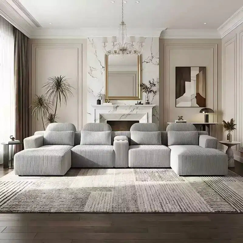 Canapé d'angle moderne en velours côtelé en forme de U Velmoura de GDFStudio avec porte-gobelets