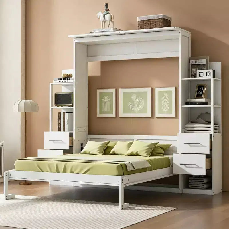 Letto a scomparsa matrimoniale Luxystar con mensole, 4 cassetti e luci