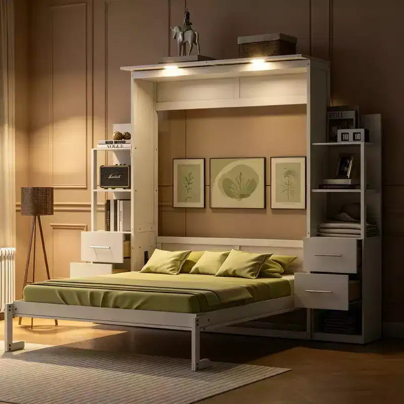 Letto a scomparsa matrimoniale Luxystar con mensole, 4 cassetti e luci