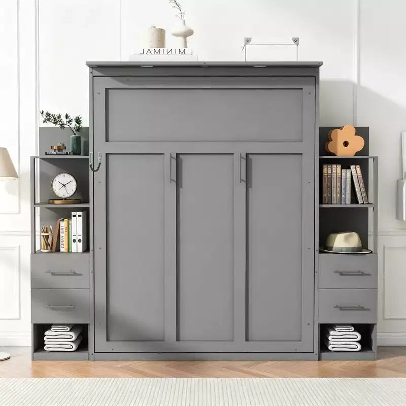 Luxystar Queen Murphy Bed with Storage Shelves, 4 Drawers and Lights