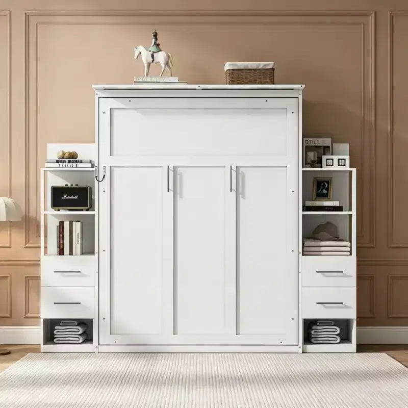 Lit escamotable Queen Luxystar avec étagères de rangement, 4 tiroirs et lumières