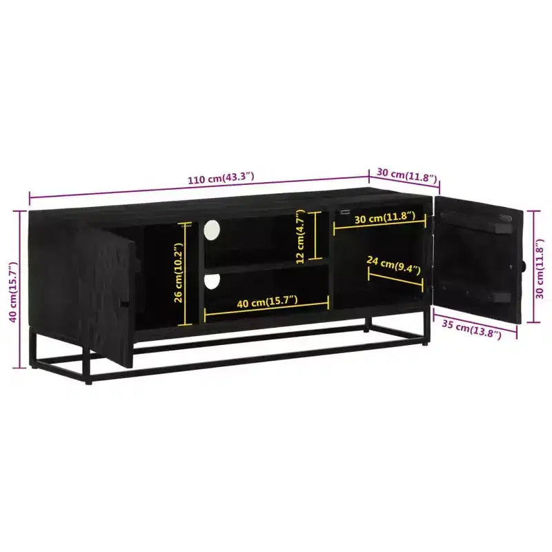 vidaXL Mobile Porta TV Nero in Legno Massello di Mango e Ferro 110x30x40 cm