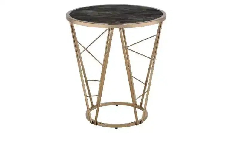HomeRoots 24 Champagne And Black Faux Marble Glass And Metal Round End Table