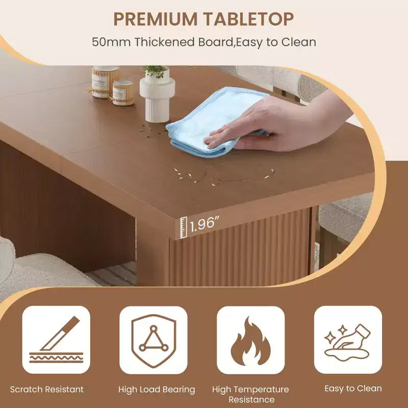 Grande table de salle à manger de 180 cm avec pieds cannelés et rangement, table de cuisine moderne en bois pour 6 à 10 personnes, meuble robuste pour salle à manger