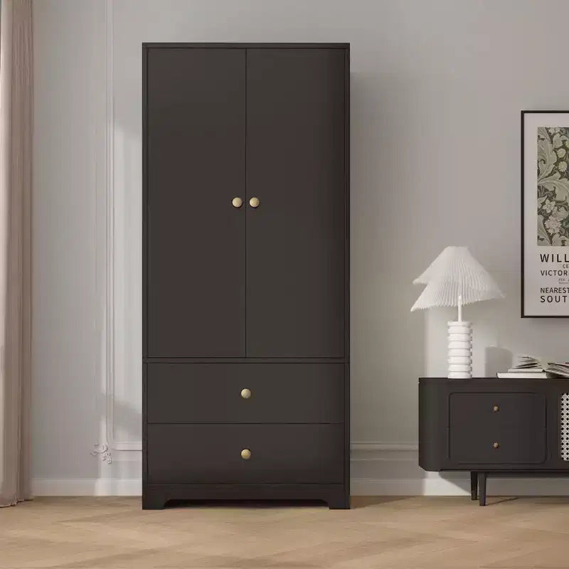 Guardaroba armadio moderno in legno da camera da letto da 71 pollici con 2 ante, 2 cassetti, ripiani regolabili, armadietto per vestiti e asta appendiabiti