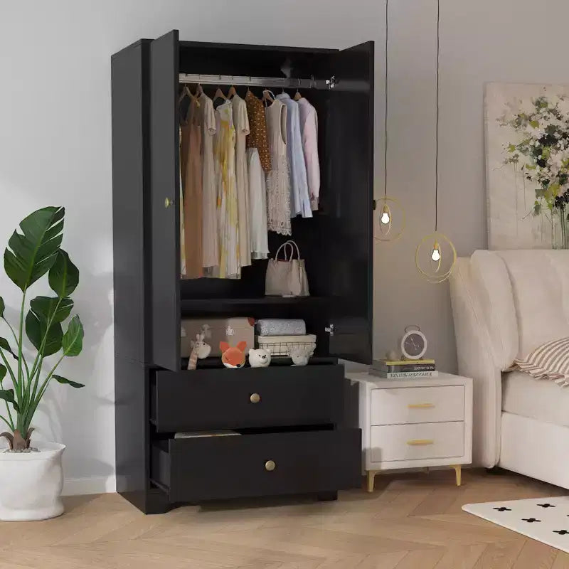 71 Inch Modern Wooden Bedroom Armoire Wardrobe Closet with 2 Doors 2 Drawers Adjustable Shelves Clothing Storage Cabinet and Hanging Rod