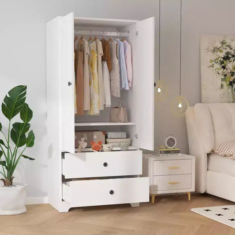 Armoire de chambre moderne en bois de 180 cm avec 2 portes, 2 tiroirs, étagères réglables, armoire de rangement pour vêtements et tringle à vêtements