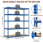 Scaffale portaoggetti da garage a 5 ripiani per carichi pesanti, scaffale in metallo regolabile, capacità 1134 kg, 122 x 46 x 183 cm (L x P x A), struttura in acciaio senza bulloni, pannelli in MDF