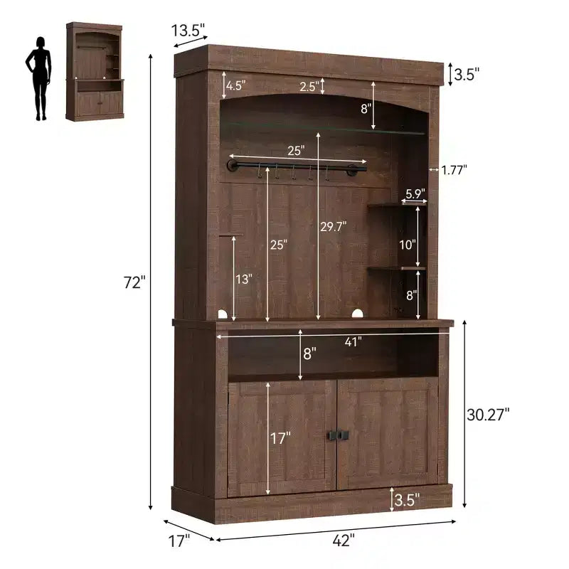 Mobile buffet bar da 72" stile fattoria con luci regolabili, portabottiglie e supporto per microonde, credenza da cucina con ante, grande dispensa per cucina