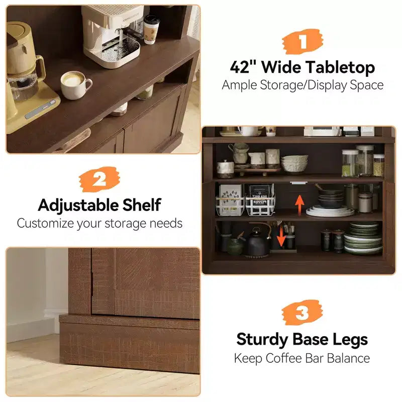 Mobile buffet bar da 72" stile fattoria con luci regolabili, portabottiglie e supporto per microonde, credenza da cucina con ante, grande dispensa per cucina
