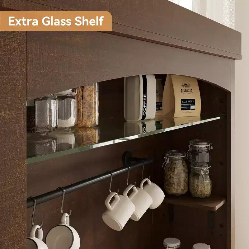Mobile buffet bar da 72" stile fattoria con luci regolabili, portabottiglie e supporto per microonde, credenza da cucina con ante, grande dispensa per cucina