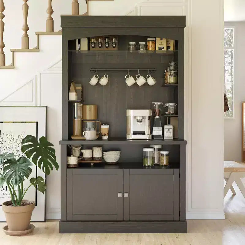 Meuble bar à café de ferme de 183 cm de haut avec lumières réglables, casier à vin et support pour micro-ondes, buffet de rangement, grand garde-manger de cuisine