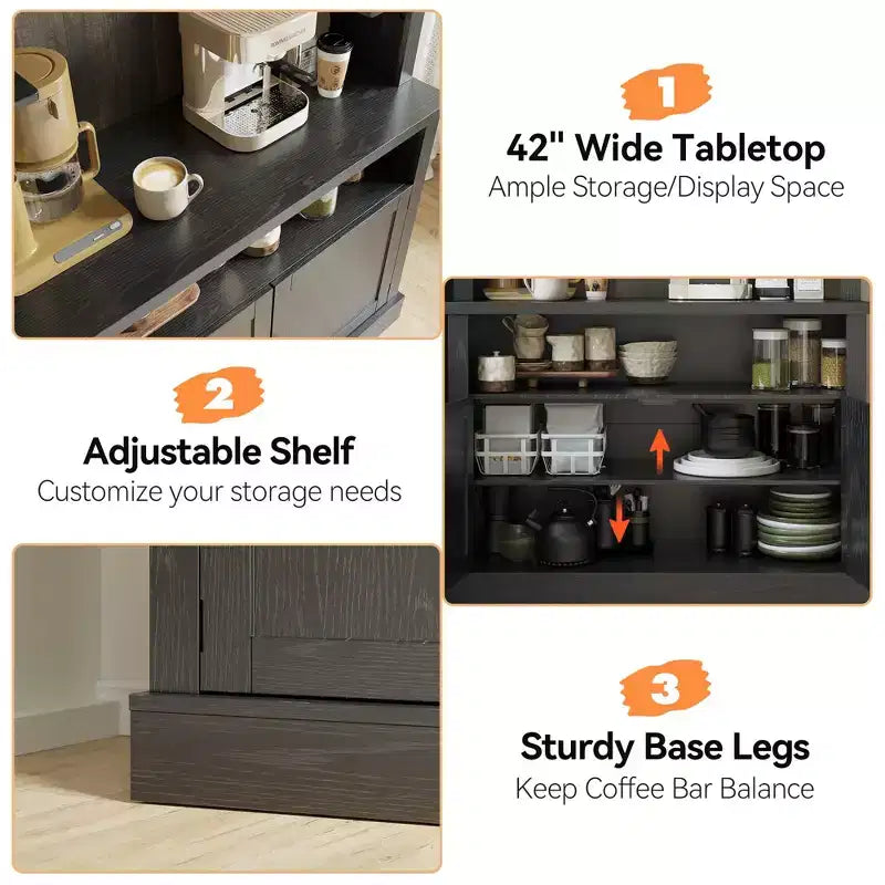 Meuble bar à café de ferme de 183 cm de haut avec lumières réglables, casier à vin et support pour micro-ondes, buffet de rangement, grand garde-manger de cuisine