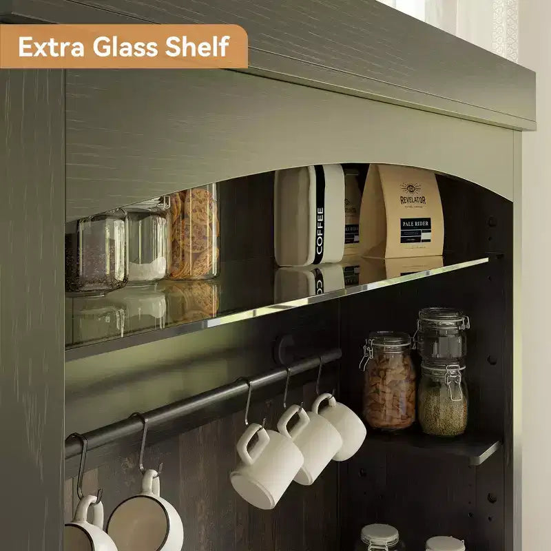 Mobile buffet bar da 72" stile fattoria con luci regolabili, portabottiglie e supporto per microonde, credenza da cucina con ante, grande dispensa per cucina
