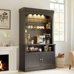72 Tall Farmhouse Coffee Bar Cabinet with Adjustable Lights, Wine Rack and Microwave Stand, Buffet Sideboard Storage Hutch, Large Kitchen Pantry