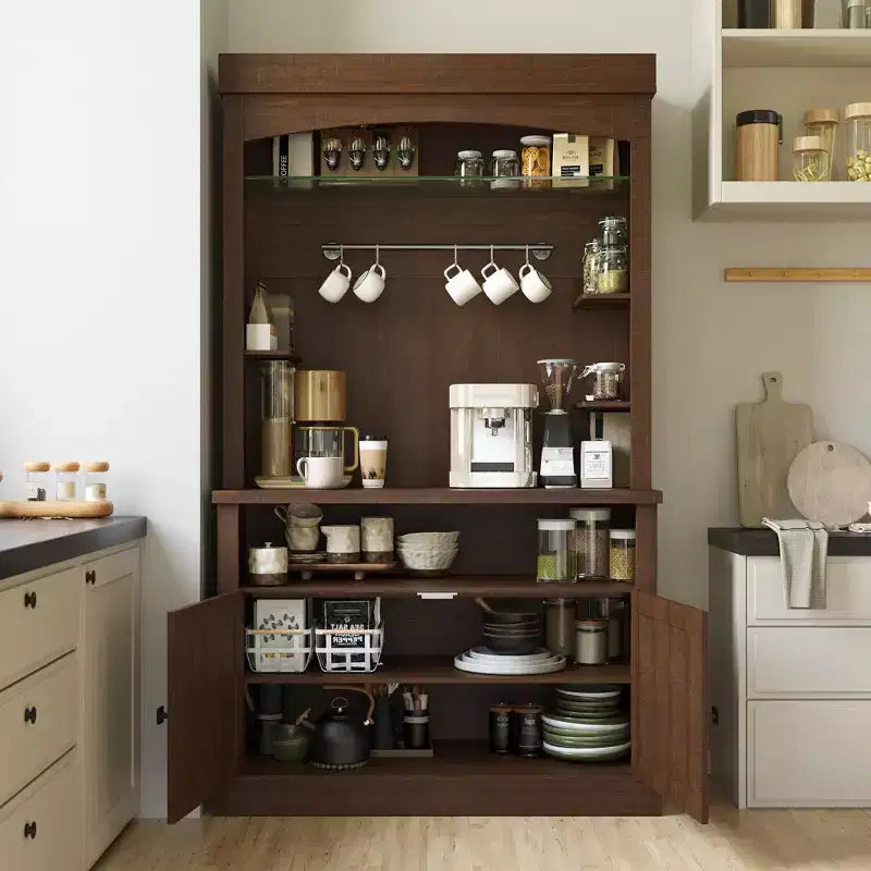 Meuble bar à café de ferme de 183 cm de haut avec lumières réglables, casier à vin et support pour micro-ondes, buffet de rangement, grand garde-manger de cuisine