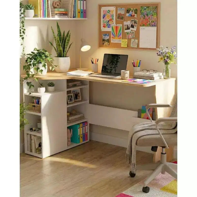 Scrivania ad L con scaffali portaoggetti a 3 ripiani, scrivania ad angolo reversibile piccola per spazi ridotti, postazione di lavoro per computer per ufficio, studio e gaming