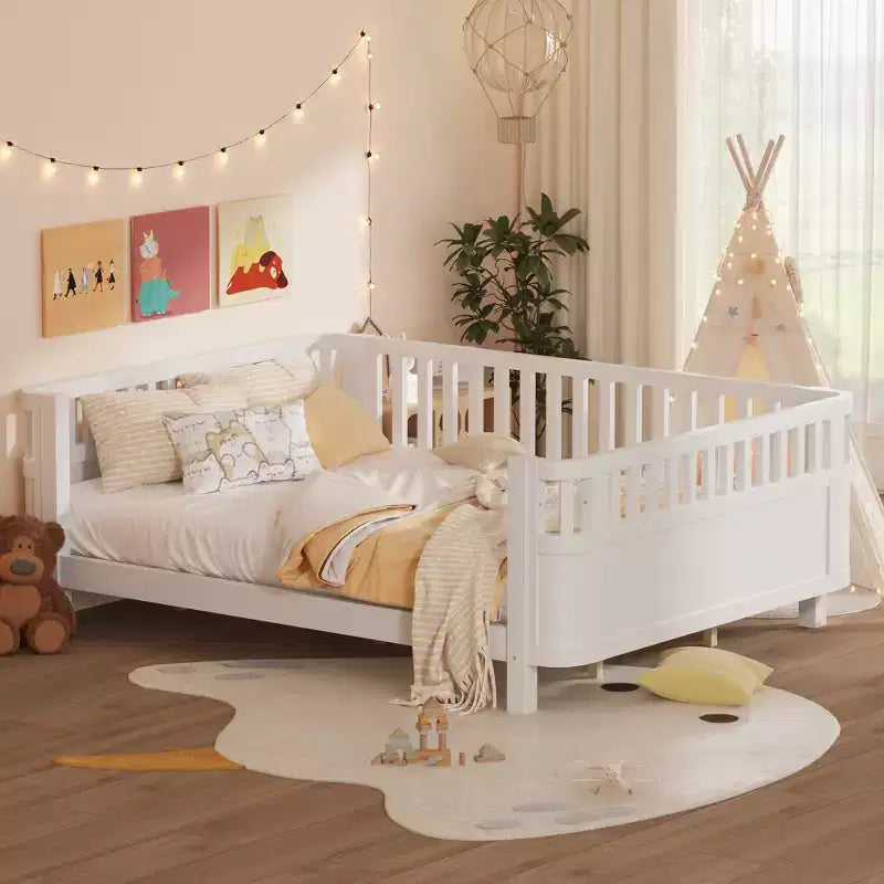 JVNOXK White Queen Size Low Profile Wood Platform Bed with Removable Rails, Safe Kids Bed for Girls and Boys