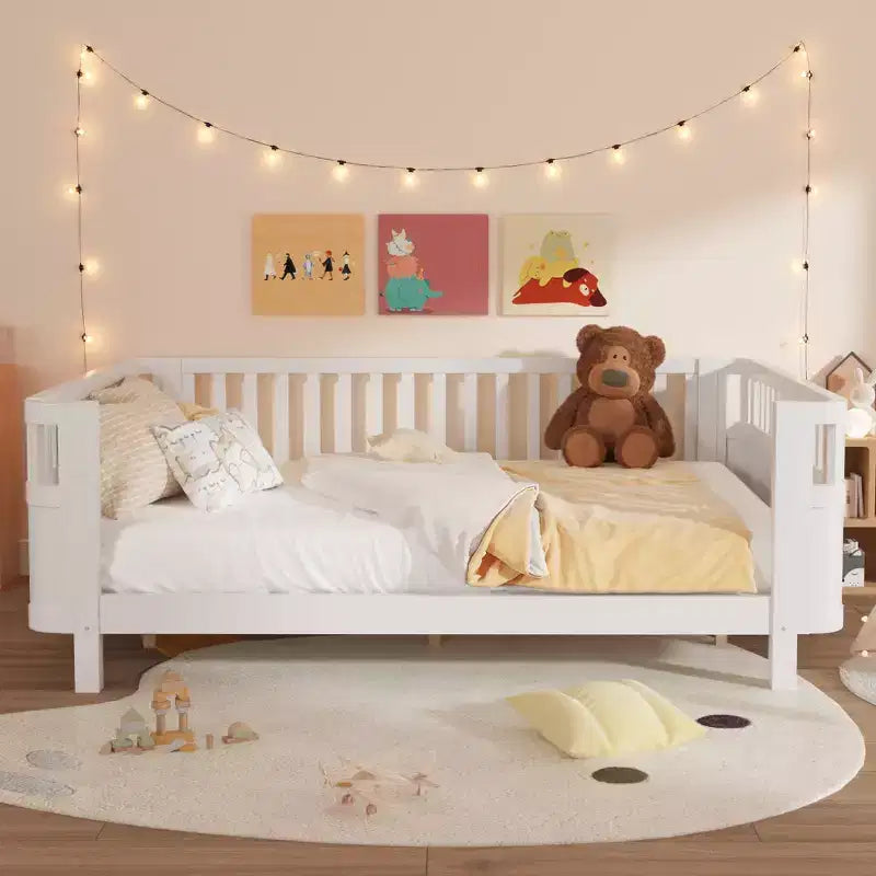 Lit plateforme en bois profil bas taille Queen JVNOXK avec barrières amovibles, lit enfant sécurisé pour filles et garçons